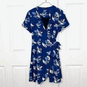 Dollz & Dames Blue Wrap Dress All Over Bird Print Cranes Size Small